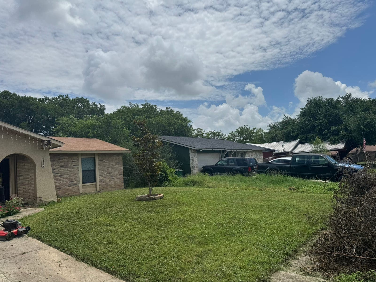 The same front yard freshly mowed and restored