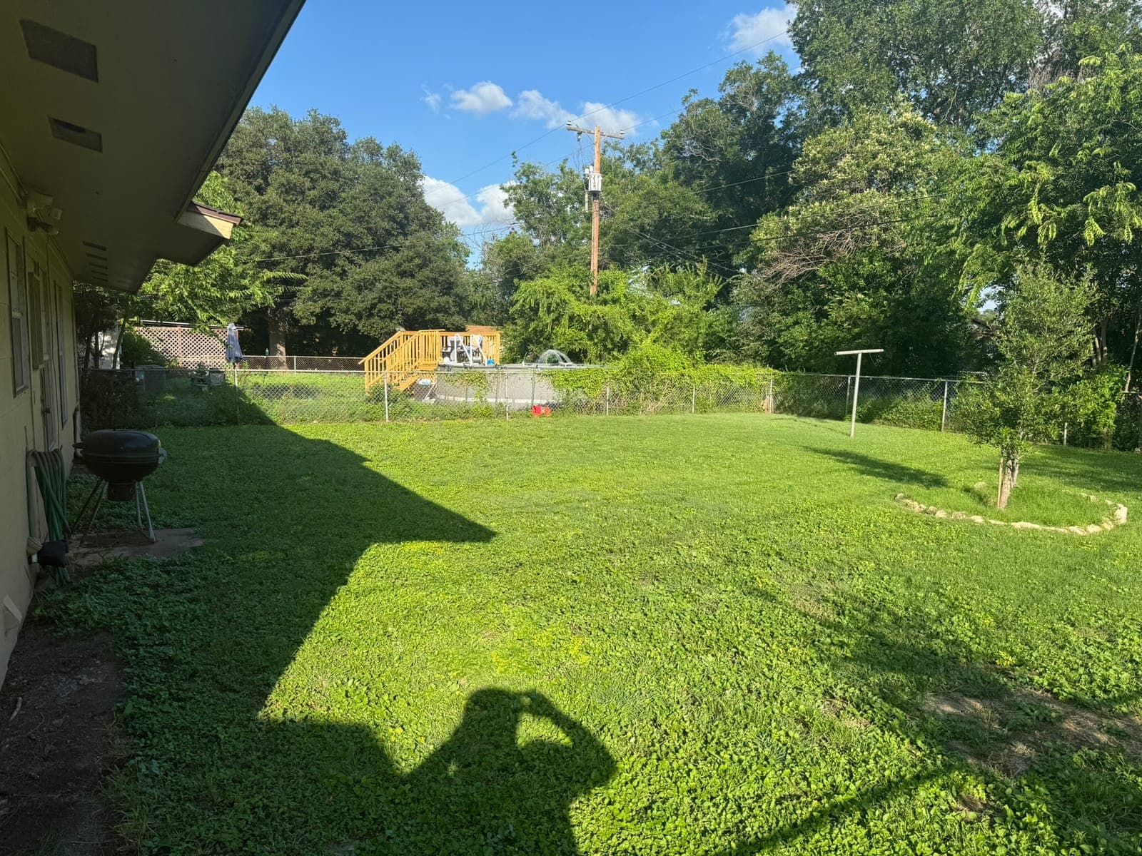 Freshly cut backyard lawn with a clean, even finish
